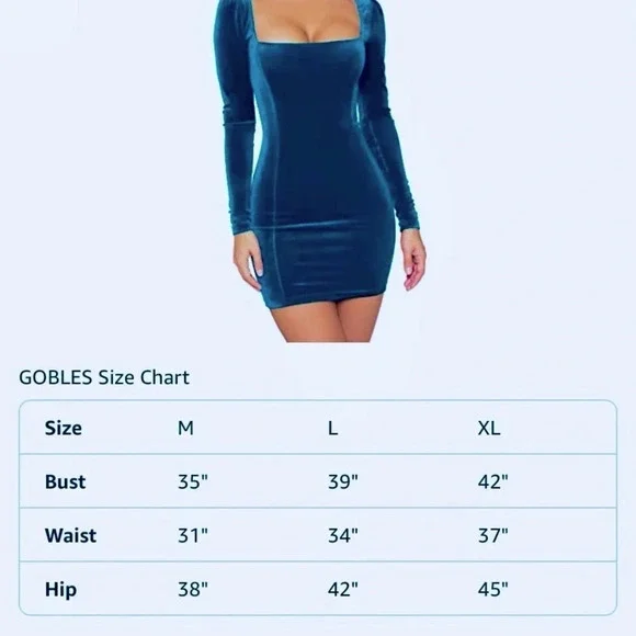 GOBLES Green Velvet Bodycon Dress L Long Sleeve Square Neck Mini - Picture 7 of 7